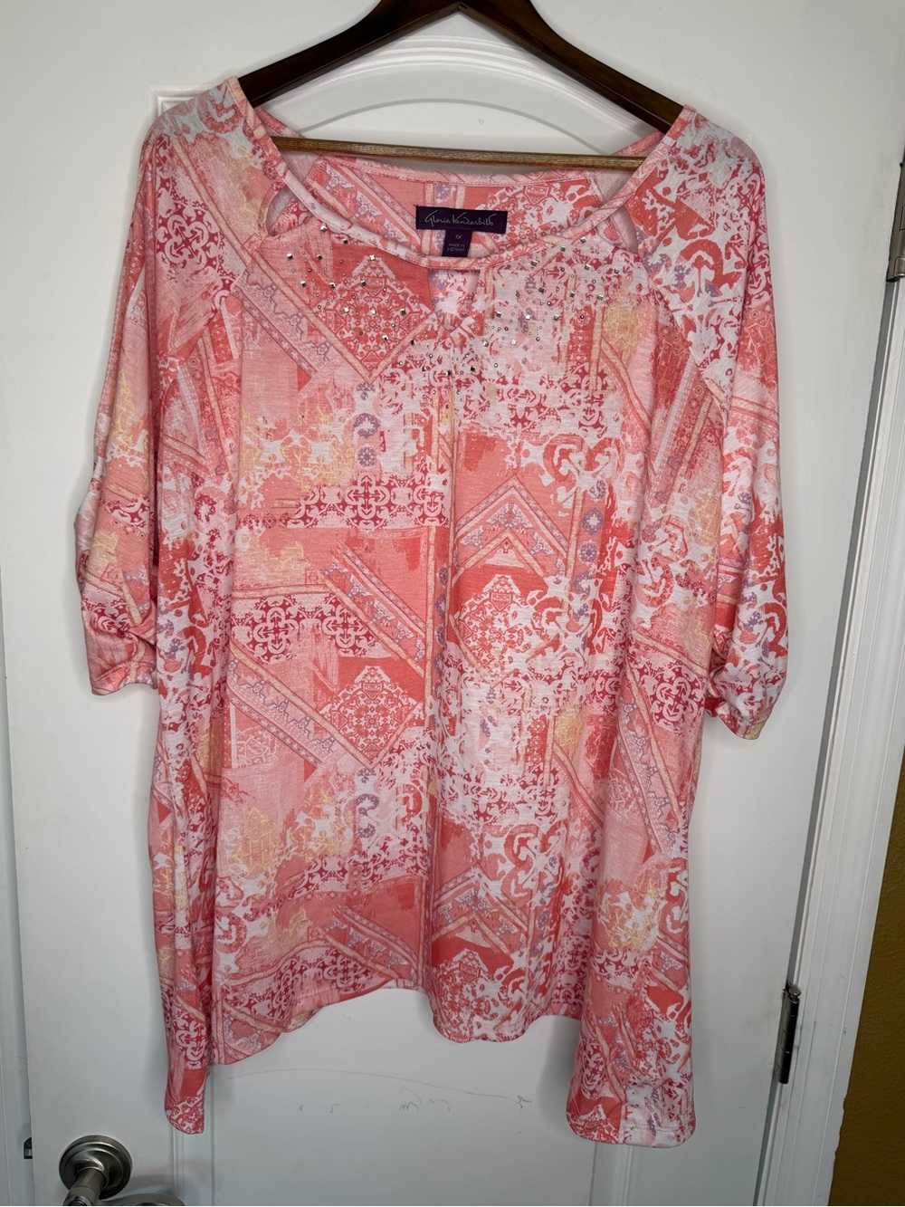 Gloria Vanderbilt Coral Patterned Short Sleeve Tunic Top W/ Rhinestone Size 1X